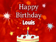 Happy Birthday Louis GIF: A bright red happy birthday gif animated with a cake candle, and glitter and sparkles. Customize with name.