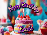 Happy Birthday Louis GIF: A colorful animated birthday gif of a cake and falling stars with a flickering candle. Text reads Happy Birthday and Customize.