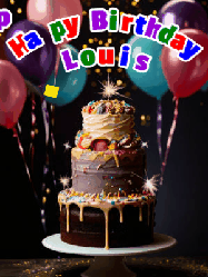Happy Birthday Louis GIF: Beautiful birthday cake animated gif, a celebration of balloons, confetti, and sparklers. Customize banner and name.
