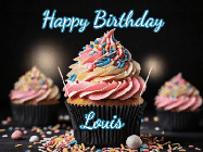 Happy Birthday Louis GIF: A delicious cupcake gif with animated sparkles reading Happy Birthday with a name to customize