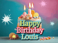 Happy Birthday Louis GIF: A colorful animated Happy Birthday Cake GIF with swirling sparkles and flickering candles. It reads Happy Birthday Name