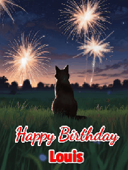 Happy Birthday Louis GIF: An animated gif at night showing the backside of a sitting cat who watches sparkle and fireworks over a meadow. Customize name and happy birthday.