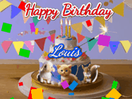 Happy Birthday Louis GIF: Happy Birthday Cake GIF with a cat, lamb, and squirrel on the cake with flickering candles, a sparkler, and falling confetti. Reads Happy Birthday Name and you can customize the name