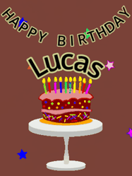 Happy Birthday Lucas GIF: Animated birthday gif of a chocolate cartoon cake and stars. Animated text can be customized with name.