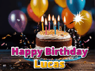Happy Birthday Lucas GIF: A birthday cake with flickering candles gif with text reading Happy Birthday and a Name slot to customize