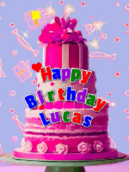 Happy Birthday Lucas GIF: A big beautiful birthday cake gif with falling confetti, sparklers, and balloons, reads Happy Birthday Name. Customize it.