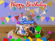 Happy Birthday Lucas GIF: Happy Birthday Cake GIF with a cat, lamb, and squirrel on the cake with flickering candles, a sparkler, and falling confetti. Reads Happy Birthday Name and you can customize the name