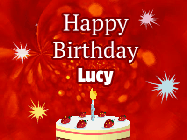Happy Birthday Lucy GIF: A bright red happy birthday gif animated with a cake candle, and glitter and sparkles. Customize with name.
