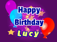 Happy Birthday Lucy GIF: A lovely purple birthday gif animated with moving text, a balloon, and bubbles. Customize it.