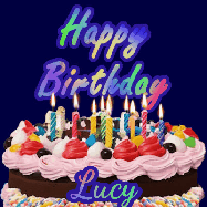 Happy Birthday Lucy GIF: A dark blue birthday gif with a beautiful cake with flickering candles, background sparkles and a name to customize.