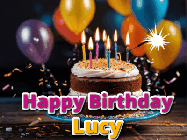 Happy Birthday Lucy GIF: A birthday cake with flickering candles gif with text reading Happy Birthday and a Name slot to customize
