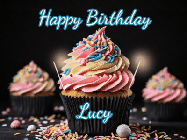 Happy Birthday Lucy GIF: A delicious cupcake gif with animated sparkles reading Happy Birthday with a name to customize