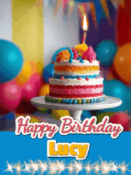 Happy Birthday Lucy GIF: A birthday card gif with a cake and candle and a blue ribbon with animated sparklers. Reads Happy Birthday Name