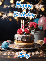 Happy Birthday Lucy GIF: Sparkles and glitter happy birthday gif with a cake and flickering candles and sparklers behind the words happy birthday customize