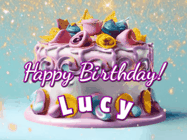 Happy Birthday Lucy GIF: A beautiful birthday cake gif with animated sparkles and glitter Happy Birthday Name you can customize