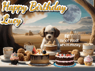 Happy Birthday Lucy GIF: Animated birthday gif with a dog at a fancy birthday table loaded with cakes as hearts appear. It reads Happy Birthday Customize.