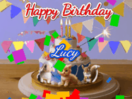 Happy Birthday Lucy GIF: Happy Birthday Cake GIF with a cat, lamb, and squirrel on the cake with flickering candles, a sparkler, and falling confetti. Reads Happy Birthday Name and you can customize the name