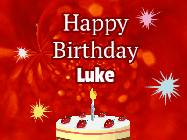 Happy Birthday Luke GIF: A bright red happy birthday gif animated with a cake candle, and glitter and sparkles. Customize with name.