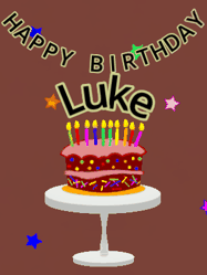 Happy Birthday Luke GIF: Animated birthday gif of a chocolate cartoon cake and stars. Animated text can be customized with name.