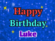Happy Birthday Luke GIF: An exciting blue glittered animated happy birthday gif with sparkles, glitter, and 3 lines of text with name to customize.