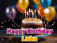 Happy Birthday Luke GIF: A birthday cake with flickering candles gif with text reading Happy Birthday and a Name slot to customize