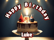 Happy Birthday Luke GIF: Animated happy birthday gif with a cake and flickering candles with colorful falling confetti and text reading Happy Birthday