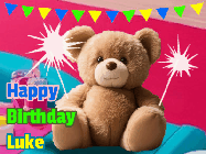 Happy Birthday Luke GIF: A cute birthday teddy bear animated birthday gif with the bear holding sparklers and text to customize.