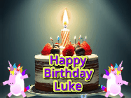 Happy Birthday Luke GIF: An animated gif with 2 unicorns and a birthday candle on a cake.