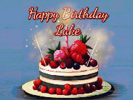 Happy Birthday Luke GIF: Animated GIF of a birthday cake covered in berries with 2 sparklers and a candle, reads Happy Birthday Name. Customize it.