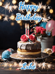 Happy Birthday Luke GIF: Sparkles and glitter happy birthday gif with a cake and flickering candles and sparklers behind the words happy birthday customize