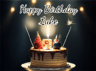 Happy Birthday Luke GIF: Animated birthday cake gif with sparklers on a dark background. Personalize up to 3 lines of text.