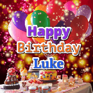 Happy Birthday Luke GIF: Animated happy birthday gif on a bright red glittery background and 3 lines of text reading Happy Birthday Customize