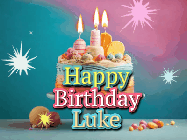 Happy Birthday Luke GIF: A colorful animated Happy Birthday Cake GIF with swirling sparkles and flickering candles. It reads Happy Birthday Name