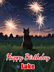 Happy Birthday Luke GIF: An animated gif at night showing the backside of a sitting cat who watches sparkle and fireworks over a meadow. Customize name and happy birthday.