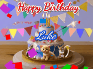 Happy Birthday Luke GIF: Happy Birthday Cake GIF with a cat, lamb, and squirrel on the cake with flickering candles, a sparkler, and falling confetti. Reads Happy Birthday Name and you can customize the name