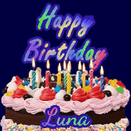 Happy Birthday Luna GIF: A dark blue birthday gif with a beautiful cake with flickering candles, background sparkles and a name to customize.