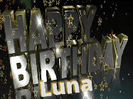 Happy Birthday Luna GIF: Happy birthday animated gif with fancy gold and silver text and star popping in and out. Customize name.