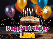 Happy Birthday Luna GIF: A birthday cake with flickering candles gif with text reading Happy Birthday and a Name slot to customize