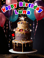 Happy Birthday Luna GIF: Beautiful birthday cake animated gif, a celebration of balloons, confetti, and sparklers. Customize banner and name.