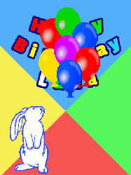 Happy Birthday Luna GIF: Birthday gif animated with a cute bunny rabbit curious about some birthday balloon that float up revealing birthday wish.