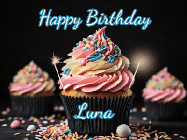 Happy Birthday Luna GIF: A delicious cupcake gif with animated sparkles reading Happy Birthday with a name to customize