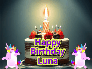 Happy Birthday Luna GIF: An animated gif with 2 unicorns and a birthday candle on a cake.