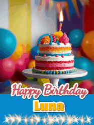 Happy Birthday Luna GIF: A birthday card gif with a cake and candle and a blue ribbon with animated sparklers. Reads Happy Birthday Name