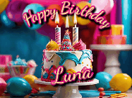 Happy Birthday Luna GIF: Animated birthday gif with a beautiful colorful birthday can and sparkles in the air. It reads Happy Birthday Customize.