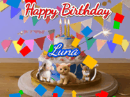 Happy Birthday Luna GIF: Happy Birthday Cake GIF with a cat, lamb, and squirrel on the cake with flickering candles, a sparkler, and falling confetti. Reads Happy Birthday Name and you can customize the name