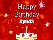 Happy Birthday Lynda GIF: A bright red happy birthday gif animated with a cake candle, and glitter and sparkles. Customize with name.