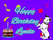 Happy Birthday Lynda GIF: Silly happy birthday gif with a cute dog in a corner and rainbow animation confetti. Birthday cake in order with candle.