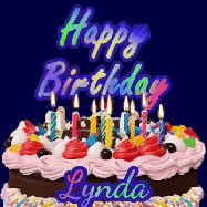 Happy Birthday Lynda GIF: A dark blue birthday gif with a beautiful cake with flickering candles, background sparkles and a name to customize.