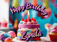 Happy Birthday Lynda GIF: A colorful animated birthday gif of a cake and falling stars with a flickering candle. Text reads Happy Birthday and Customize.