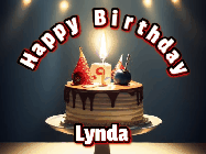 Happy Birthday Lynda GIF: Animated happy birthday gif with a cake and flickering candles with colorful falling confetti and text reading Happy Birthday